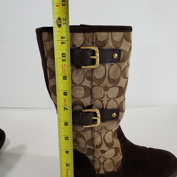 Coach Tinah Brown Leather "C" Logo Pattern Canvas Mid Calf Pull On Boots Size 5B - Picture 10 of 16